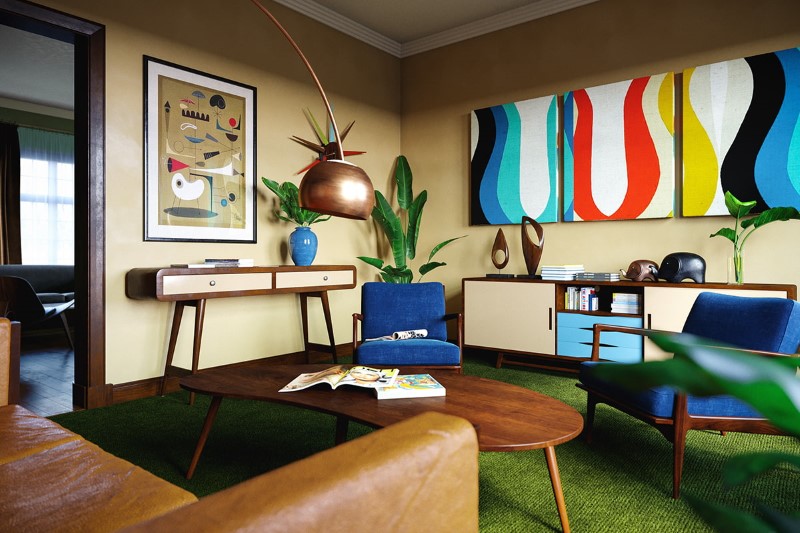Дизайн квартиры в ретро стиле с использованием ярких и насыщенных цветов 6